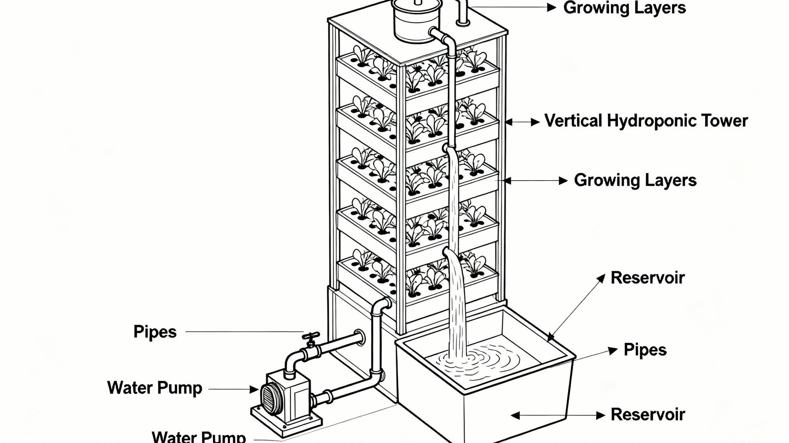 how hydroponic towerswork   Diagram showing water circulation inside a vertical hydroponic tower system