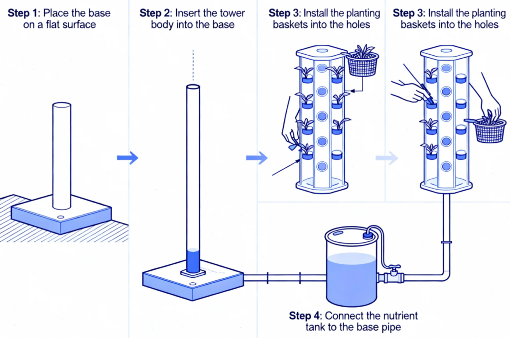 how to start a hydroponic tower Step-by-step assembly of a vertical hydroponic tower system