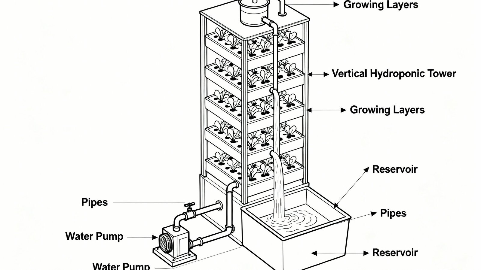 how hydroponic towerswork   Diagram showing water circulation inside a vertical hydroponic tower system