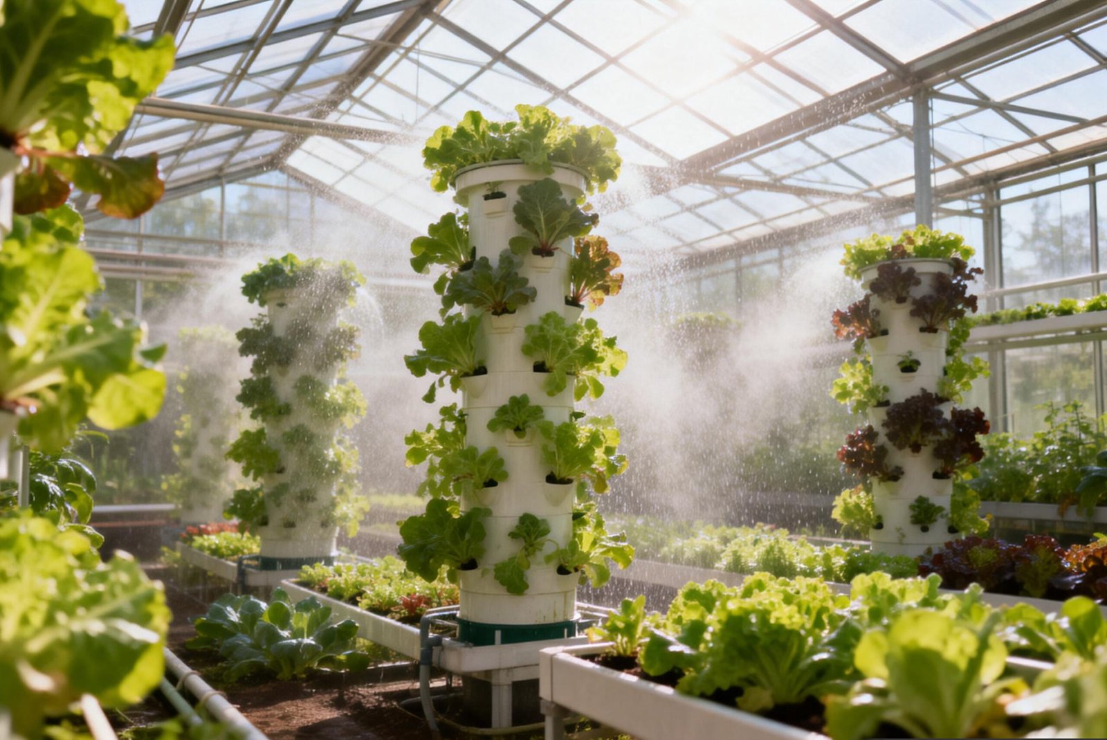 Rows of vertical hydroponic towers growing leafy greens in a commercial greenhouse, with mist irrigation and natural sunlight filtering through the glass roof
