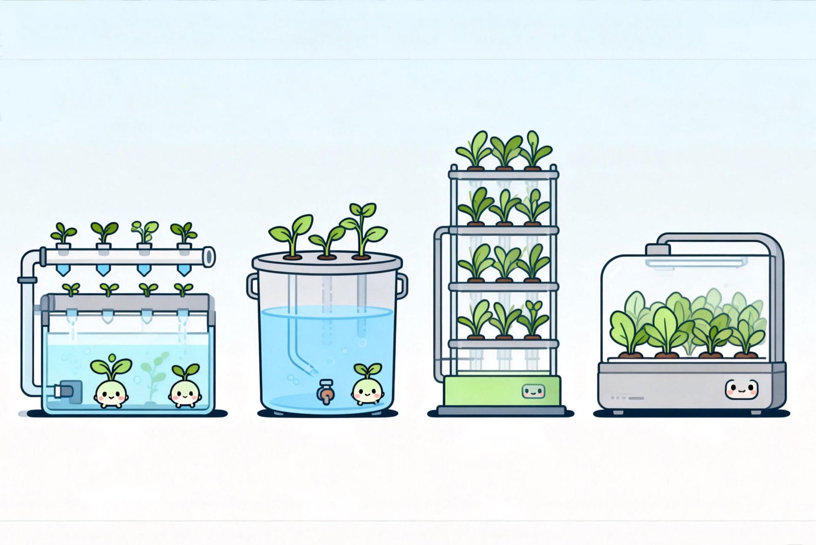 Cute cartoon illustration of four hydroponic systems: NFT, DWC, vertical tower, and closed terrarium, with playful plant characters