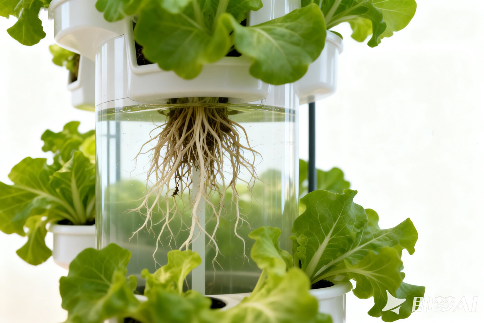 Transparent section of a vertical hydroponic tower showing healthy white root systems submerged in nutrient solution, with lush green lettuce leaves growing above