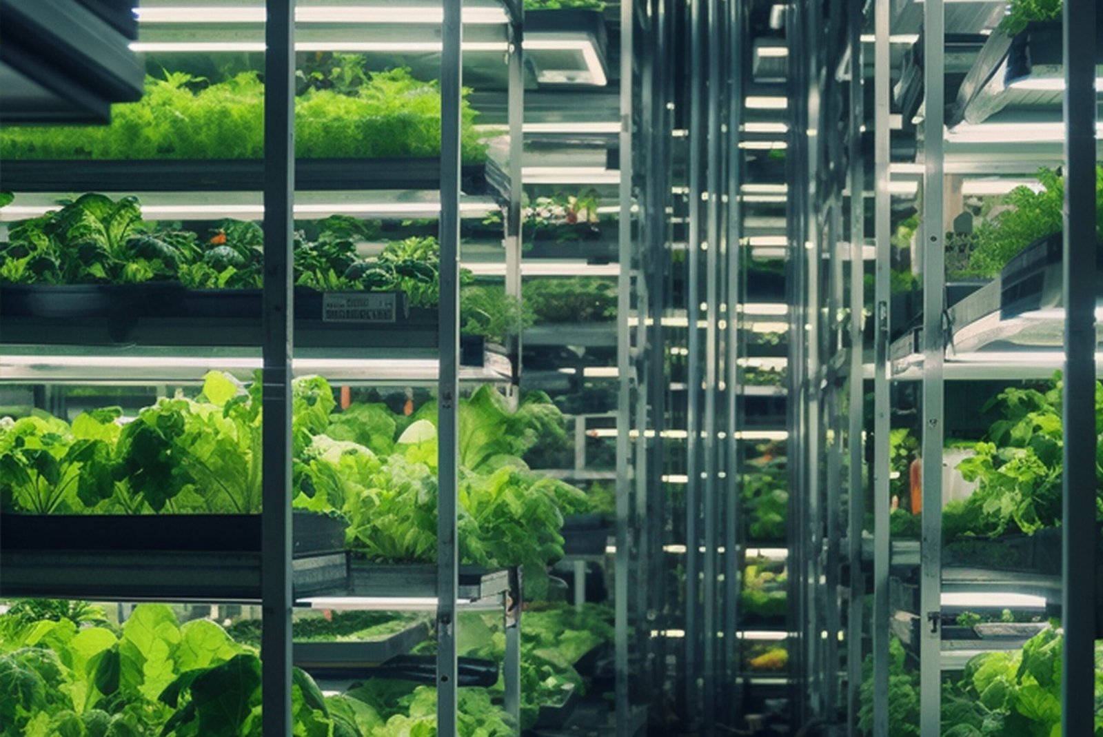 Multi-tiered indoor vertical hydroponic farm with rows of LED grow lights, densely growing leafy greens like lettuce and microgreens, showcasing sustainable, space-efficient agriculture