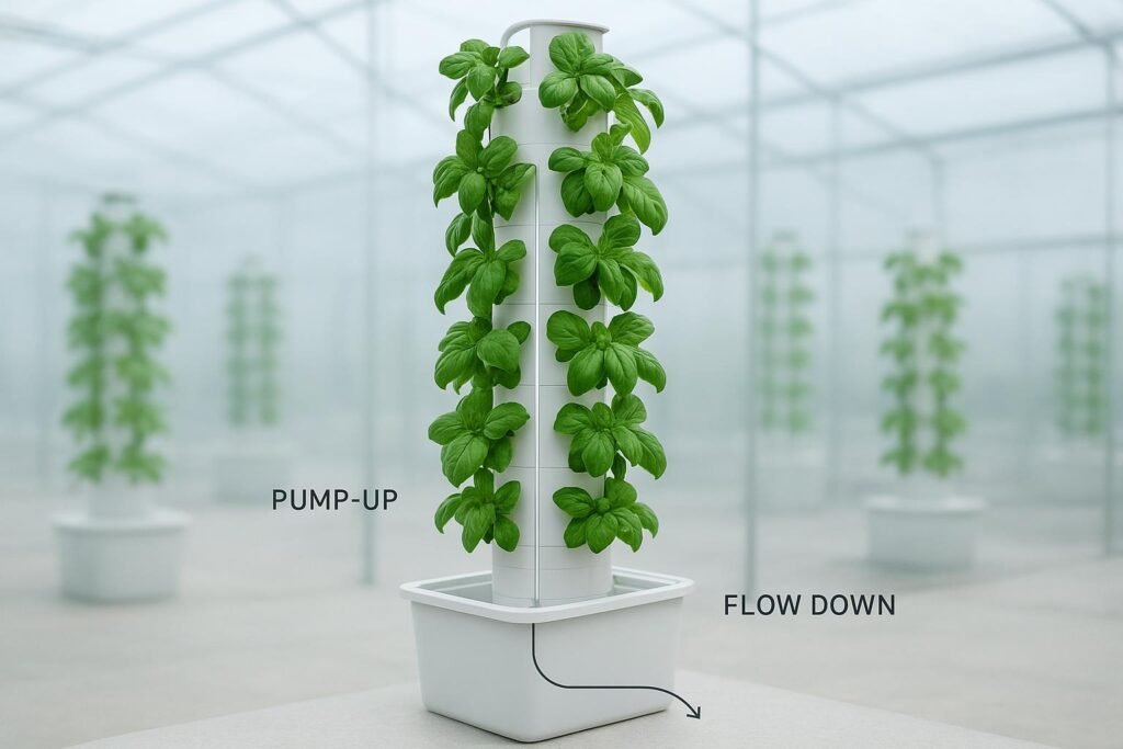 Schematic of hydroponic strawberry tower plumbing with pump, tubing, distributor, and return