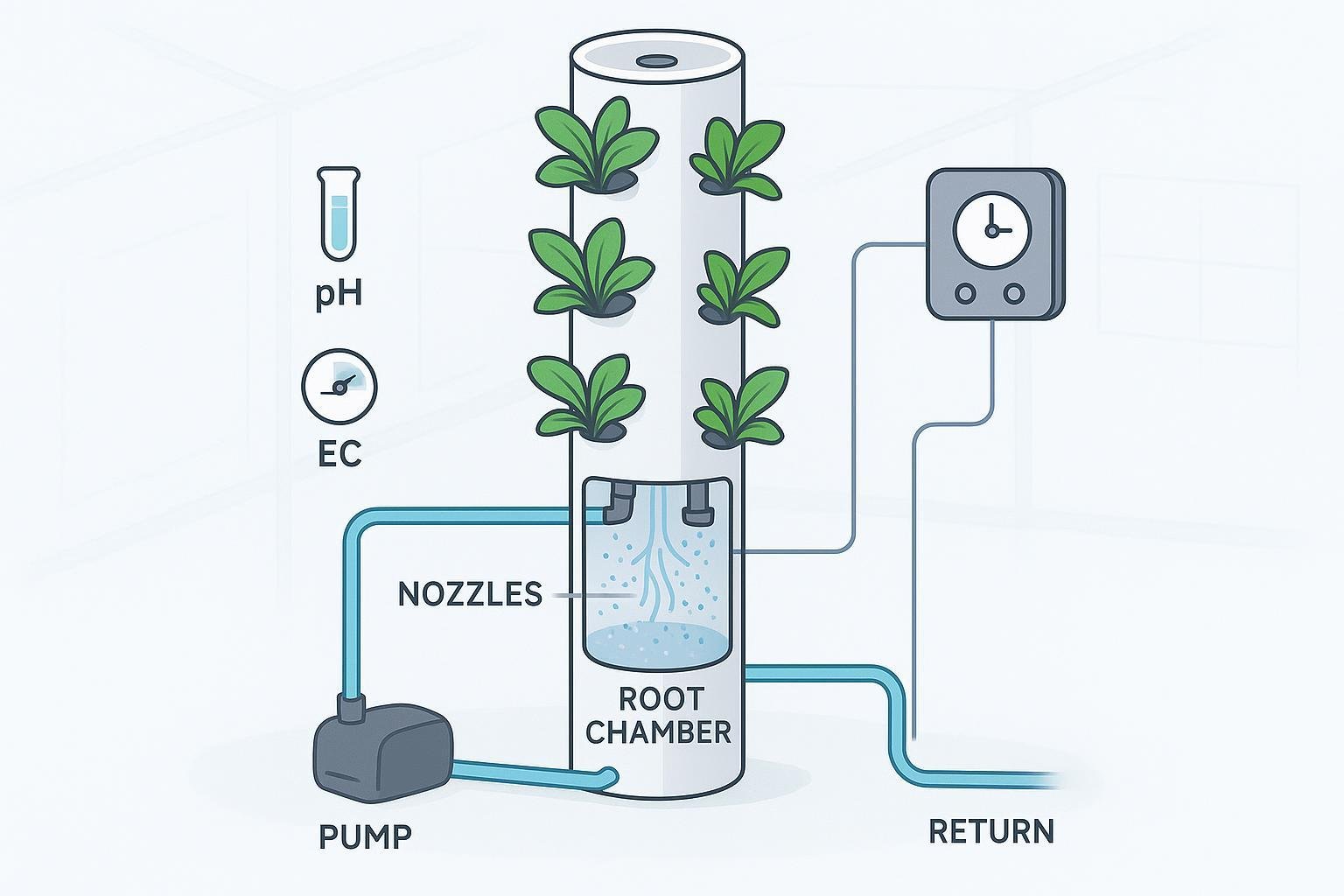 Technical illustration of an air garden (aeroponic tower) system, depicting the vertical growing column with plants, a pump delivering nutrient solution to nozzles in the root chamber, pH and EC monitoring tools, and a fluid recirculation return line