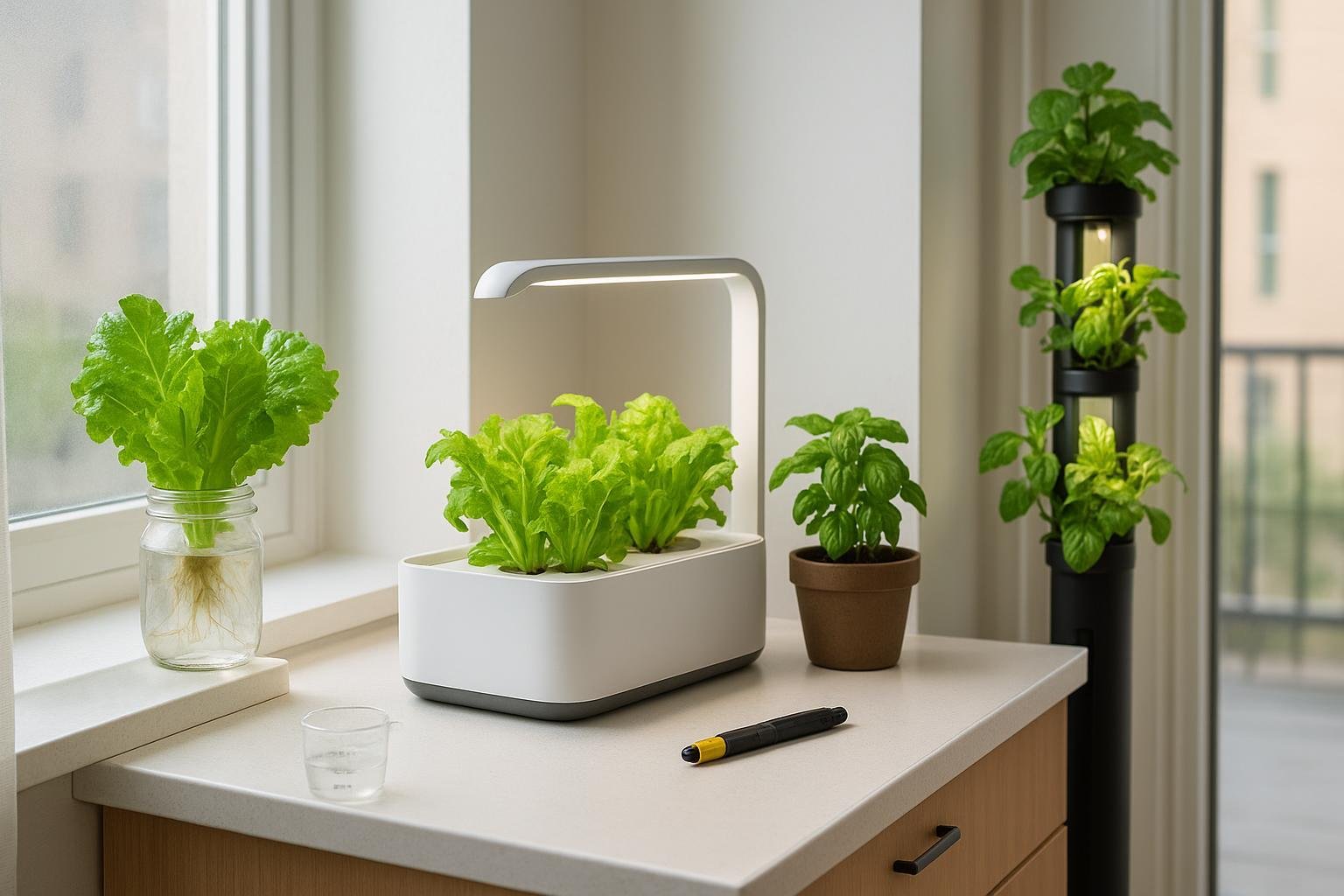 Bright, minimalist apartment kitchen counter featuring apartment hydroponics systems, including a compact white LED-lit hydroponic grow unit with fresh lettuce, a jar of water-grown leafy greens, potted basil, and a vertical hydroponic tower