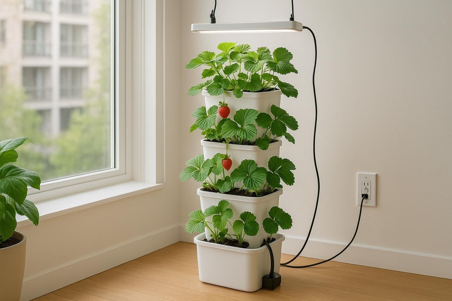 A modern, space-saving strawberry hydroponics tower stands in a bright, minimalist indoor space near a window, equipped with an overhead LED grow light to support lush green foliage and ripening red strawberries.