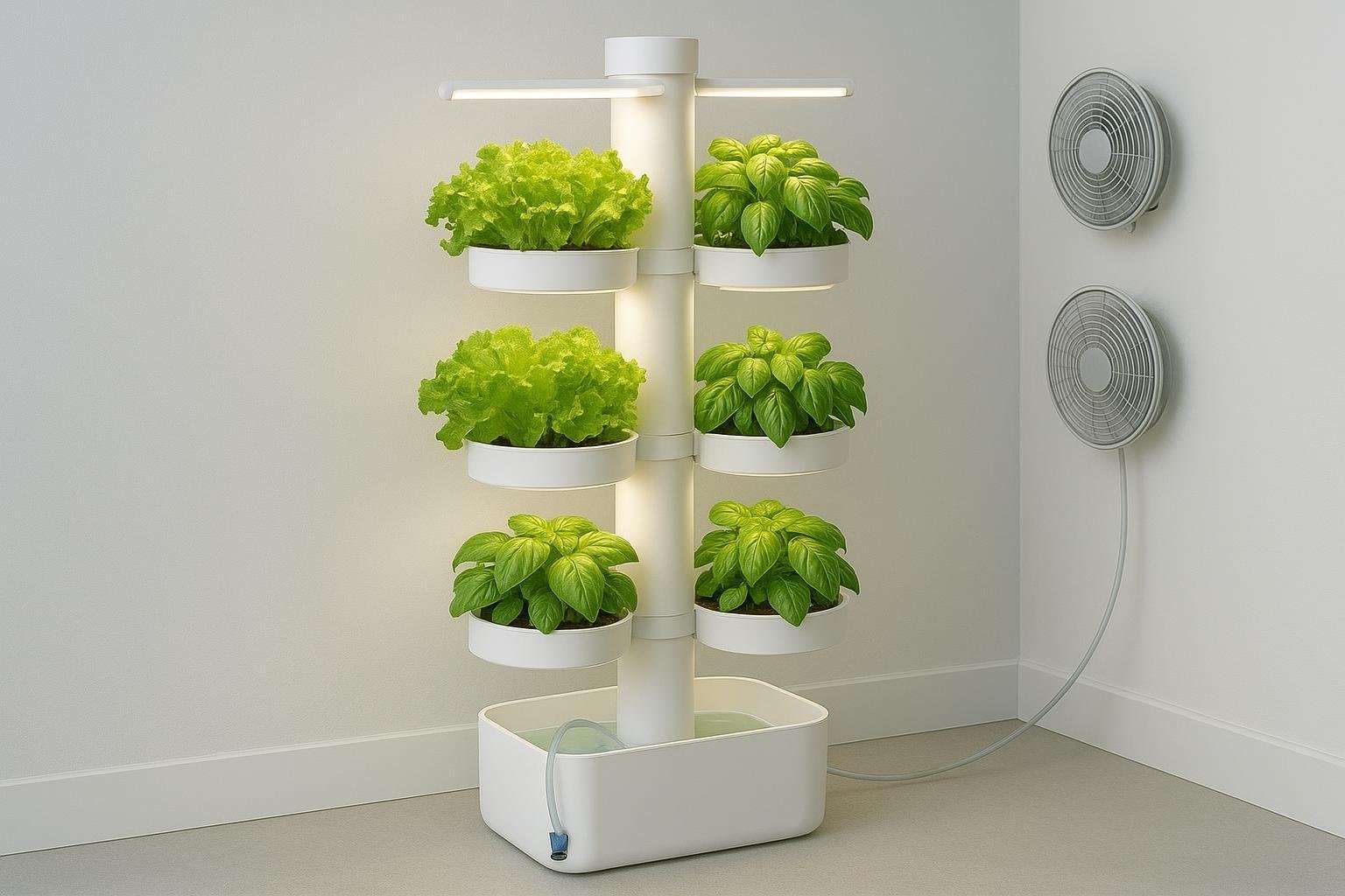 A modern white hydroponic tower with lights, growing fresh lettuce and basil in a minimalist indoor space, paired with wall-mounted circulation fans