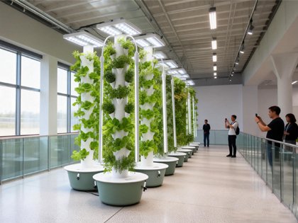Large-scale indoor vertical hydroponic farm with rows of LED-lit hydroponic towers growing leafy greens, showcasing space-efficient commercial farming solutions
