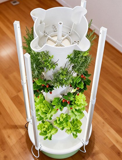 Indoor vertical hydroponic tower with integrated LED grow lights, growing lettuce, herbs, and cherry tomatoes, ideal for space-saving commercial and home vertical farming