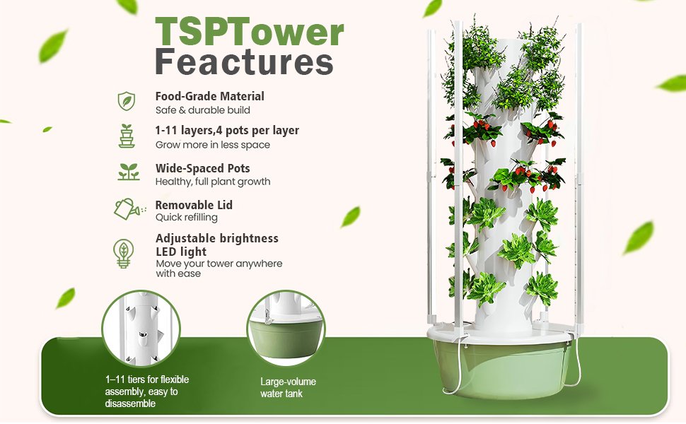 Product feature poster for Tru-Spring TSP Tower, highlighting food-grade PP material, 1-11 layer scalability, adjustable LED lights, and large water tank for hydroponic farming