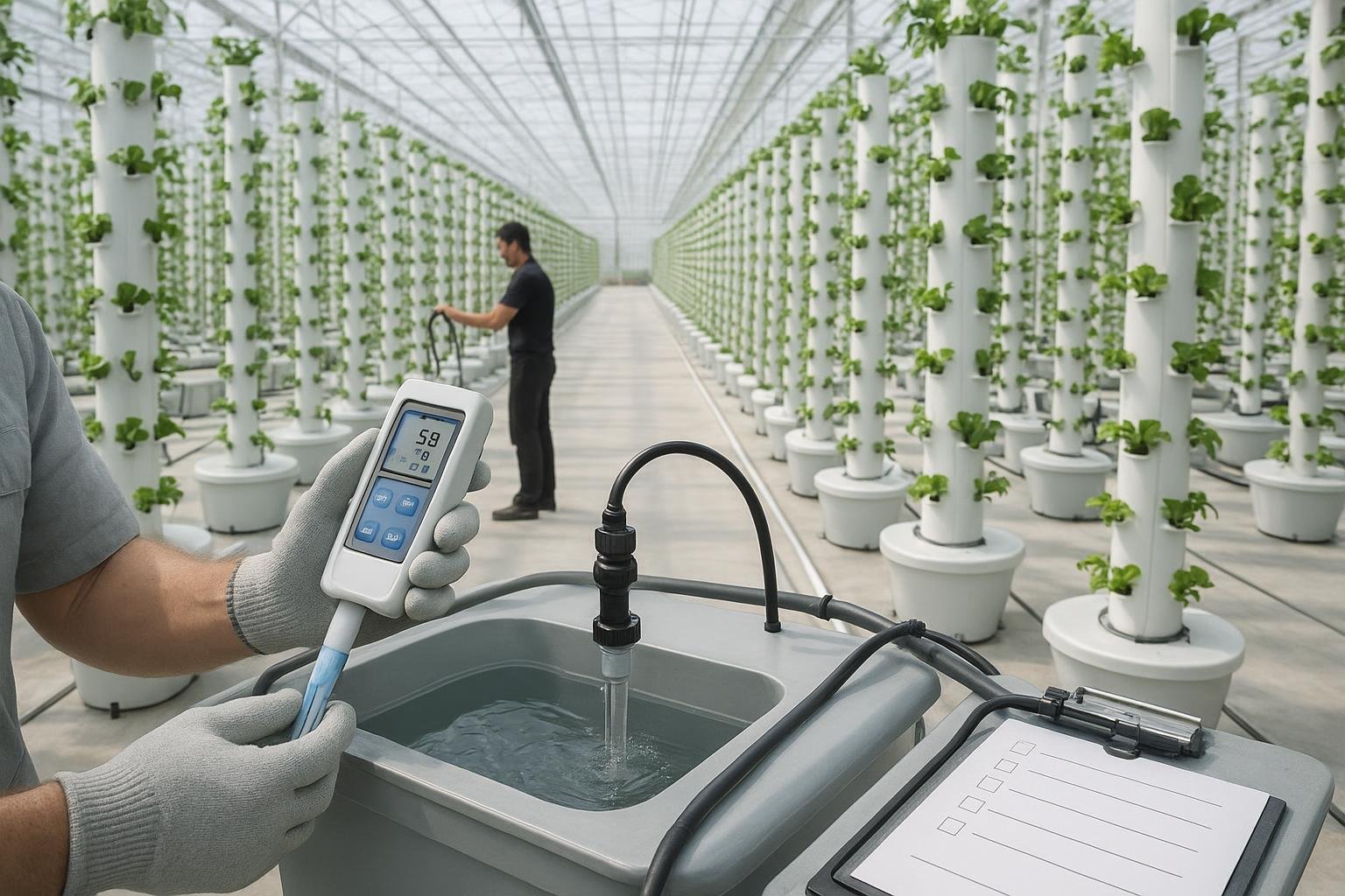 A commercial greenhouse with rows of self-watering tower gardens, where workers test nutrient solution quality using a digital meter and tend to vertical hydroponic systems growing lush green leafy vegetables.
