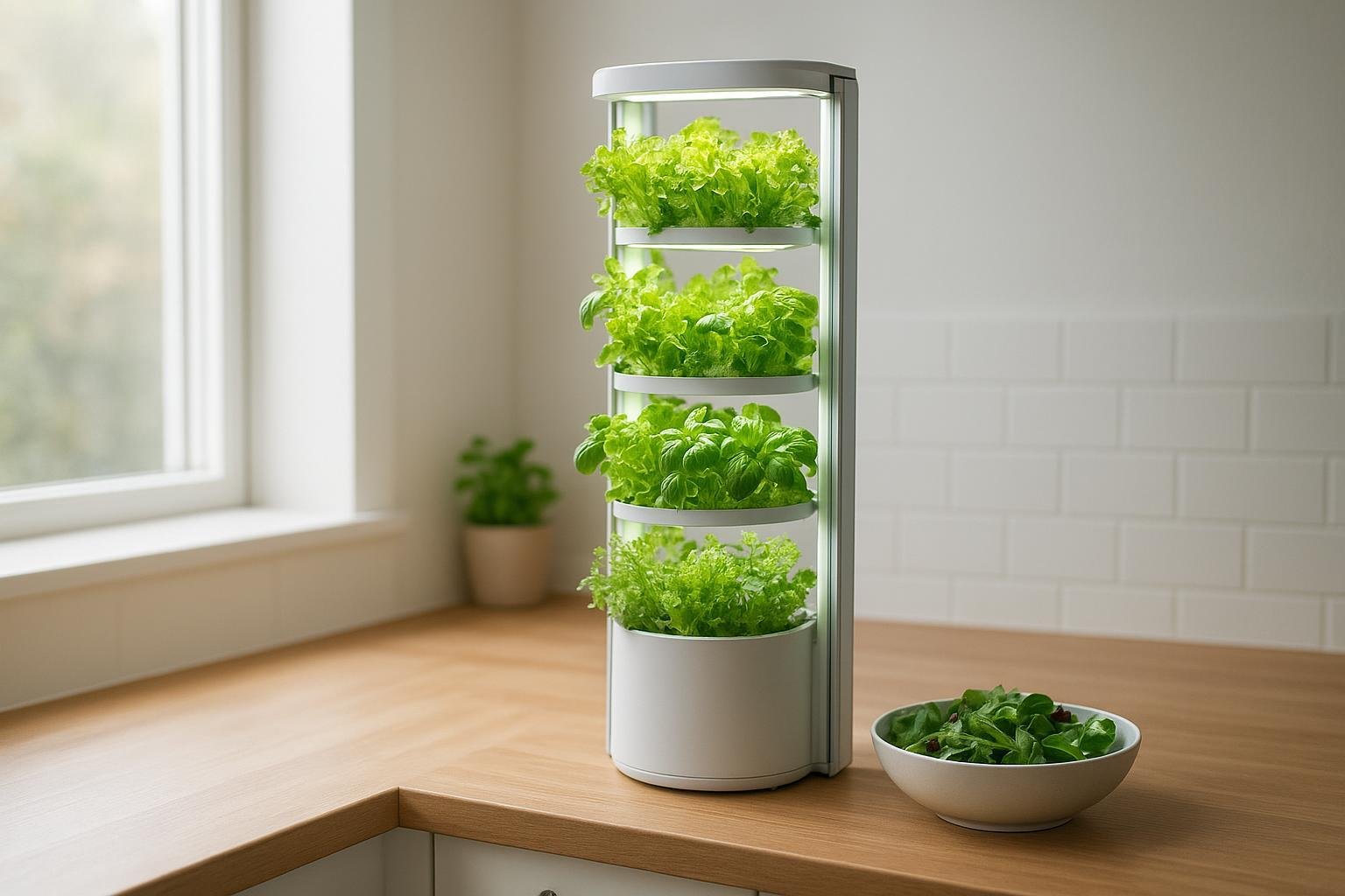 A sleek white 4-tier indoor salad tower with built-in LED grow lights, cultivating lush green leafy vegetables on a wooden kitchen countertop, alongside a bowl of freshly harvested salad greens in a bright, minimalist kitchen.