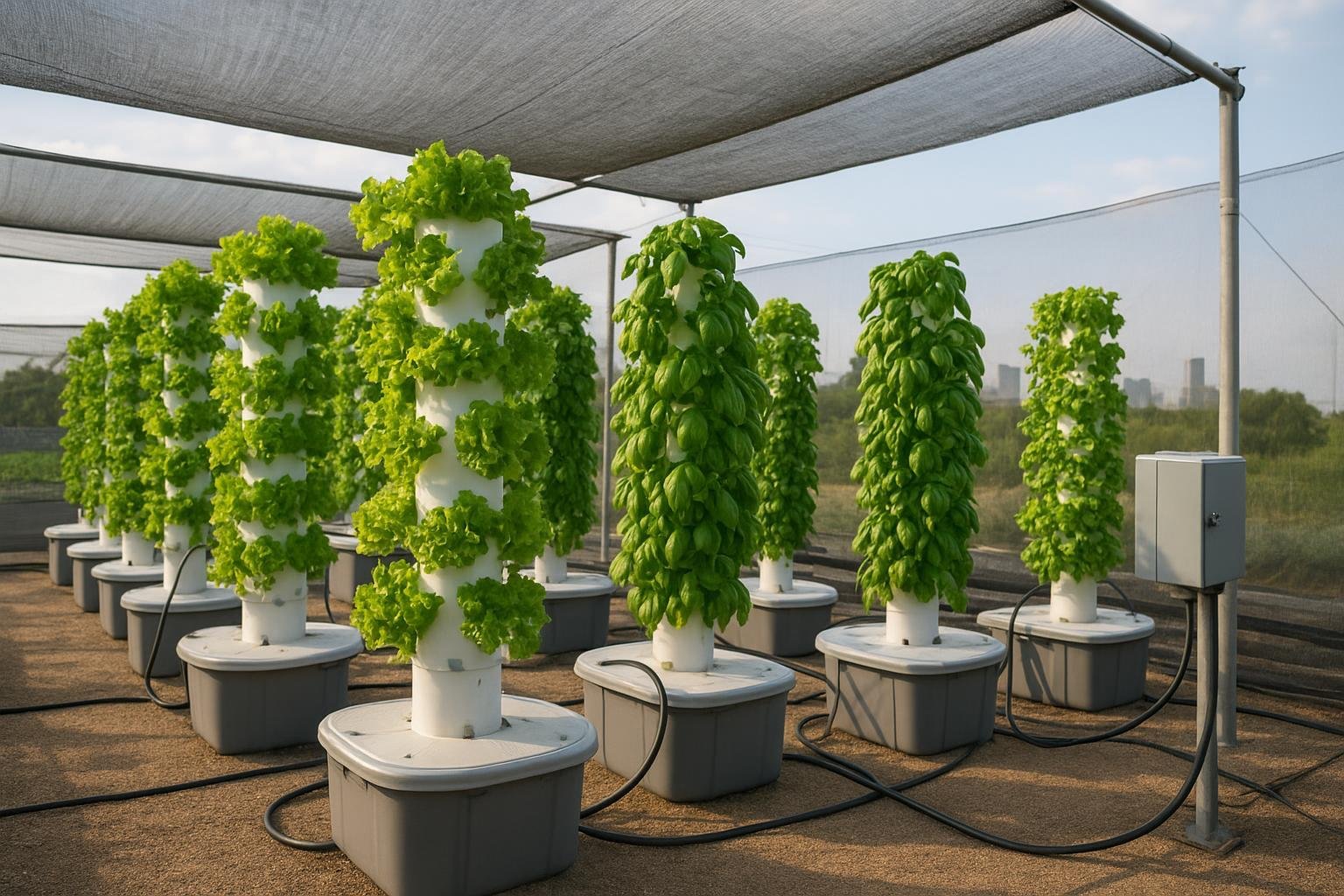 Rows of commercial outdoor hydroponic systems, featuring vertical tower gardens growing lush lettuce and basil under a shade structure, with connected nutrient solution tanks in an outdoor cultivation setup.