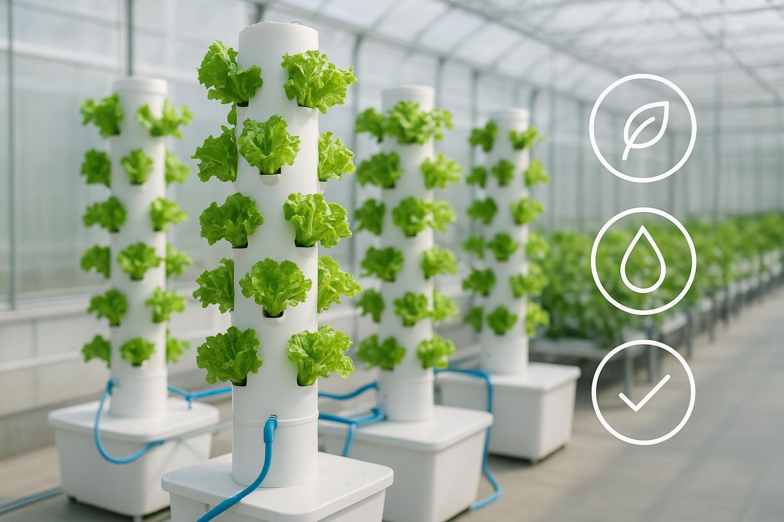 State-of-the-art organic hydroponics tower systems growing fresh green lettuce in a modern indoor greenhouse.