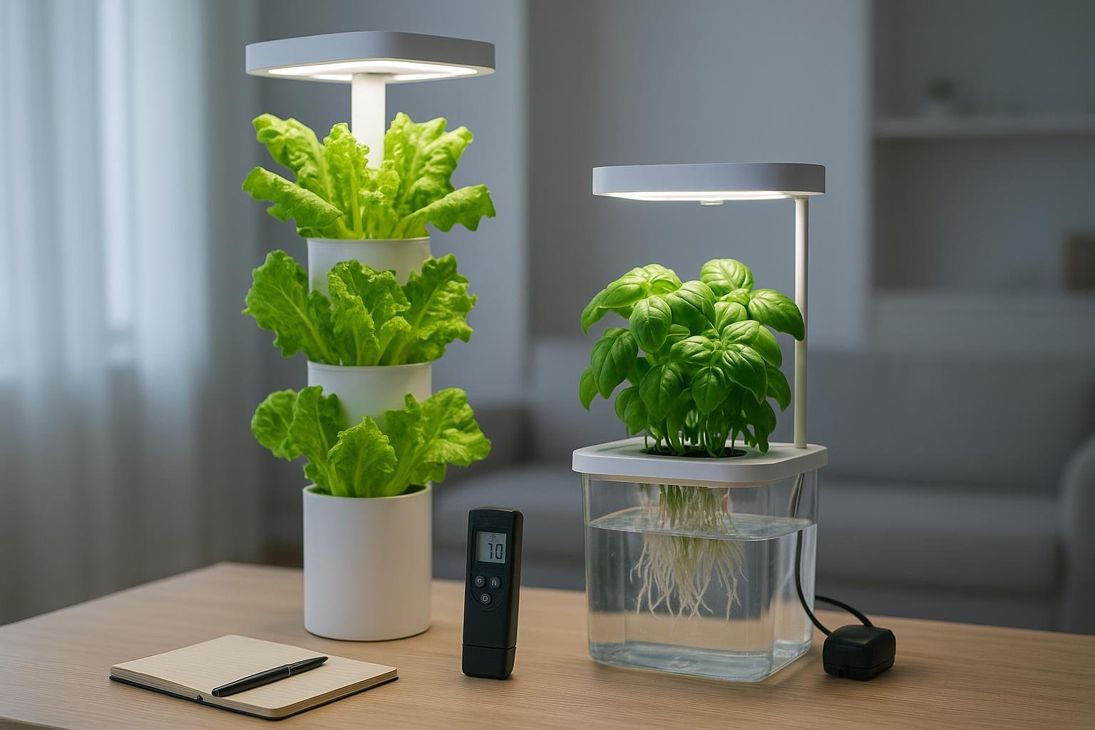 A stylish small hydroponic garden featuring two compact systems: a tiered white tower growing lush lettuce and a transparent tank with thriving basil, both equipped with LED grow lights, displayed on a wooden table in a bright, minimalist living room.