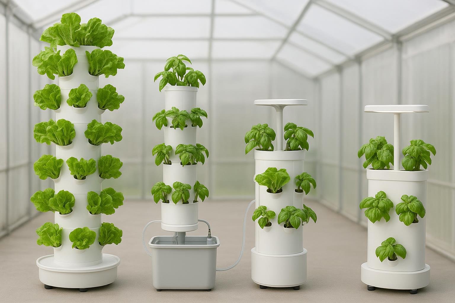 A collection of white hydroponic tower systems of varying sizes, cultivating lush lettuce and basil in a bright, modern greenhouse, showcasing compact, self-contained indoor gardening solutions.