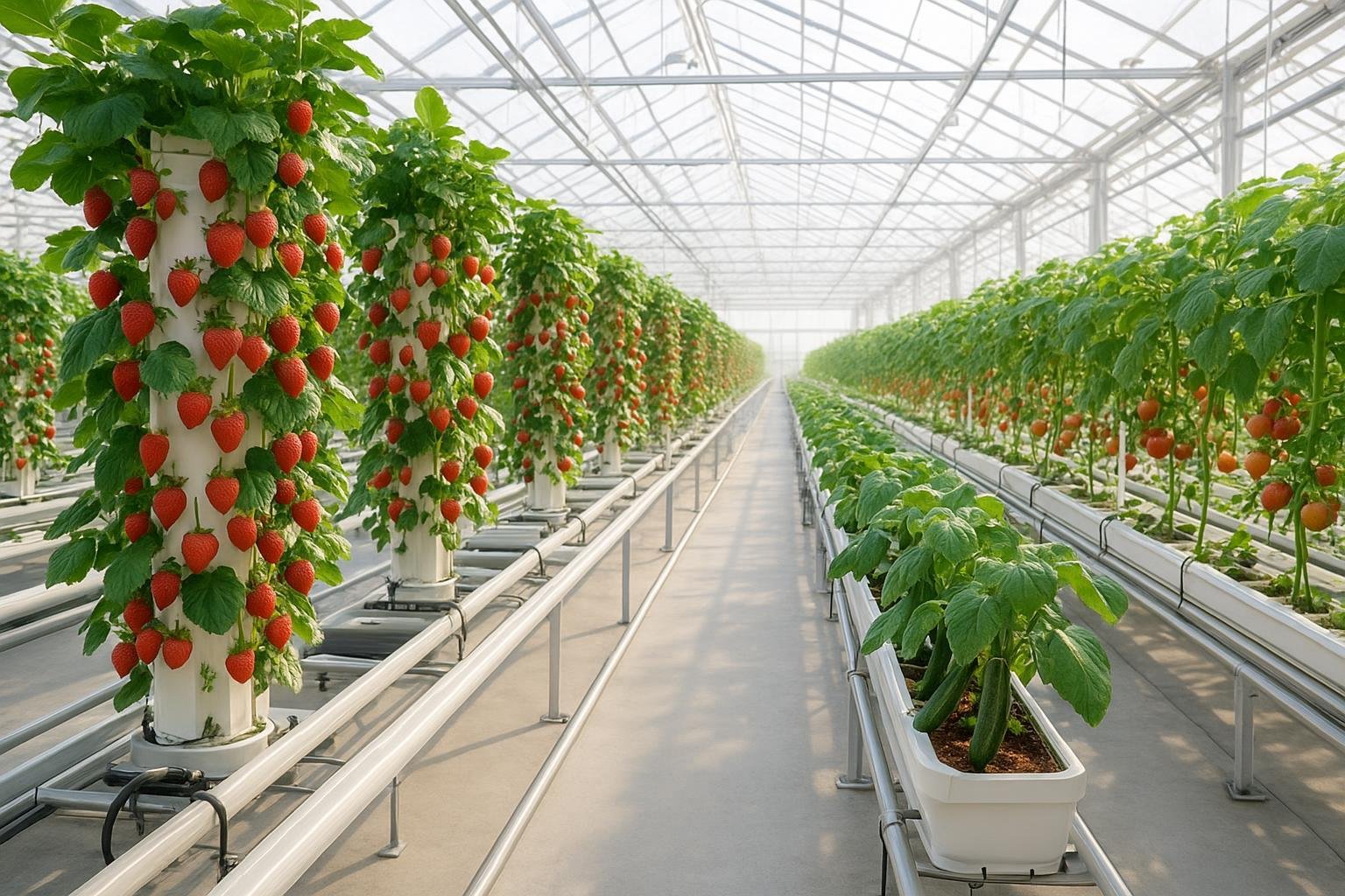 Commercial greenhouse with vertical towers of strawberries, NFT cucumbers, and Dutch bucket tomatoes for hydroponic fruits