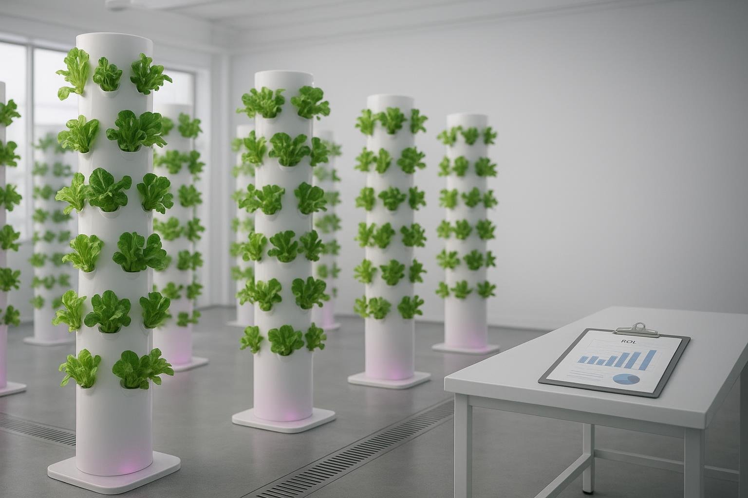 Commercial greenhouse with vertical hydroponic garden towers and ROI charts on a workstation