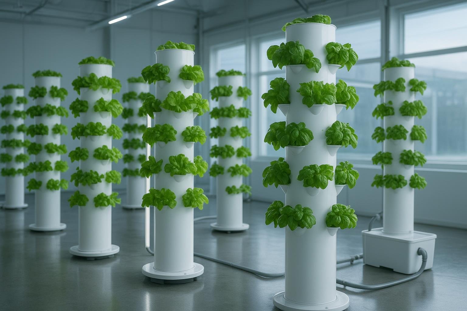 Indoor hydroponic tower farm with leafy greens under LED lighting
