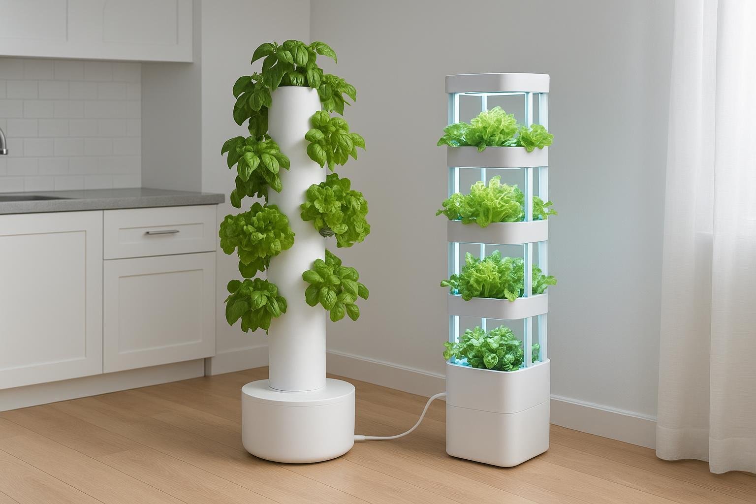 Hydroponic tower gardens with LED grow lights in a bright modern kitchen