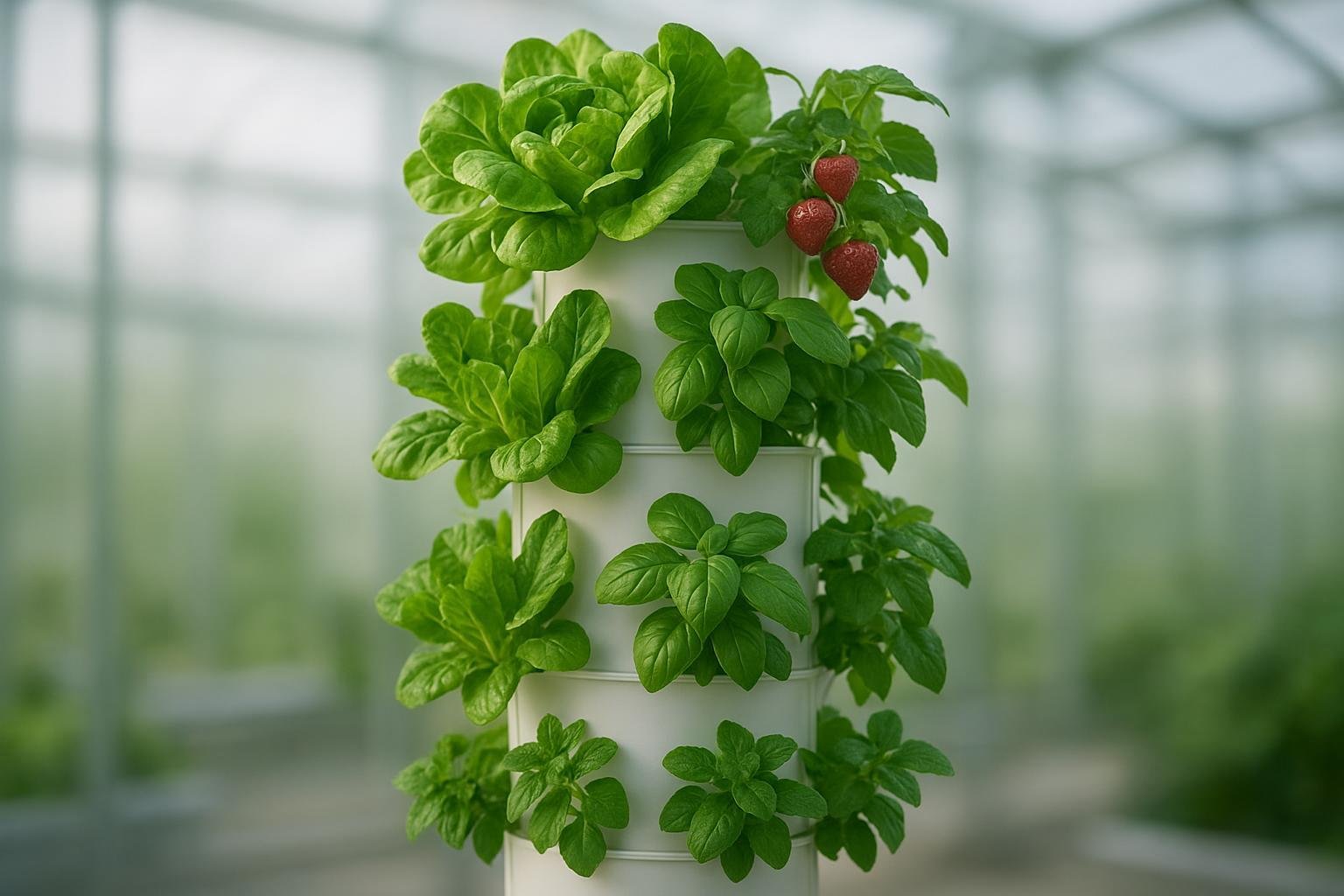 Hydroponic tower with leafy greens, herbs, and strawberries under greenhouse light