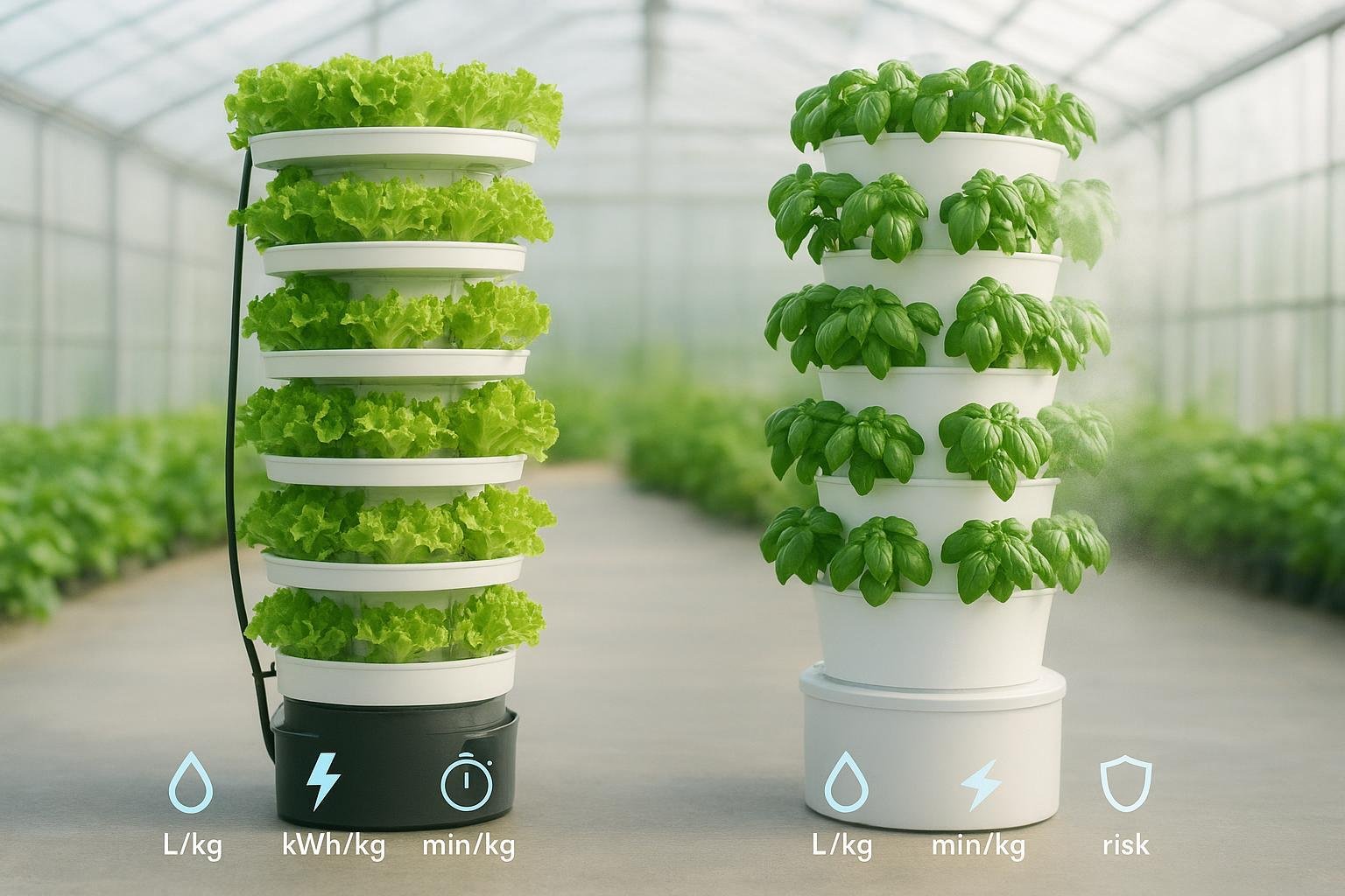 Hydroponic vs aeroponic tower systems side-by-side in a greenhouse, with subtle metric icons.