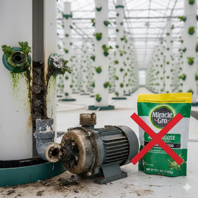 Damaged water pump and clogged nozzles caused by improper fertilizer in a professional hydroponic tower system from a manufacturer
